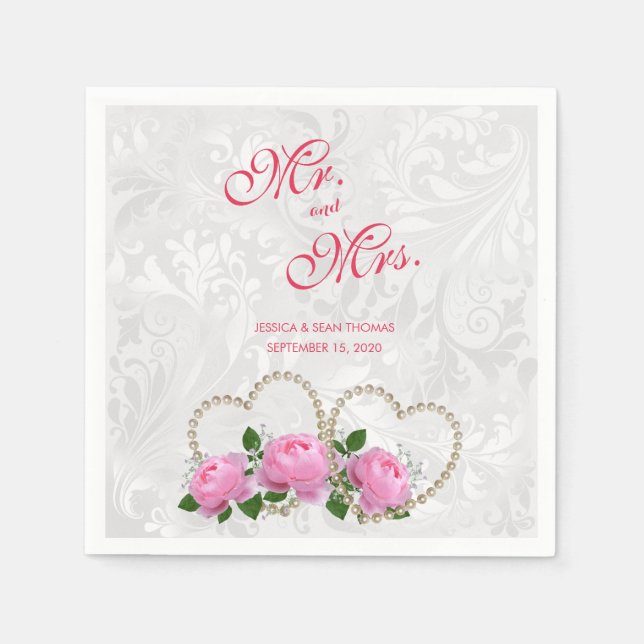 Pearl Hearts & Roses Damask Wedding Napkin (Front)
