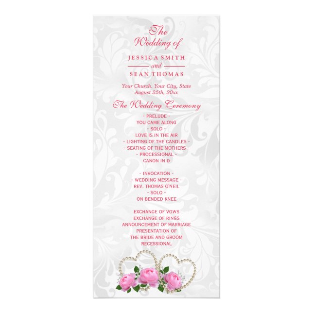 Pearl Hearts & Roses Damask Wedding Program Rack Card (Front)