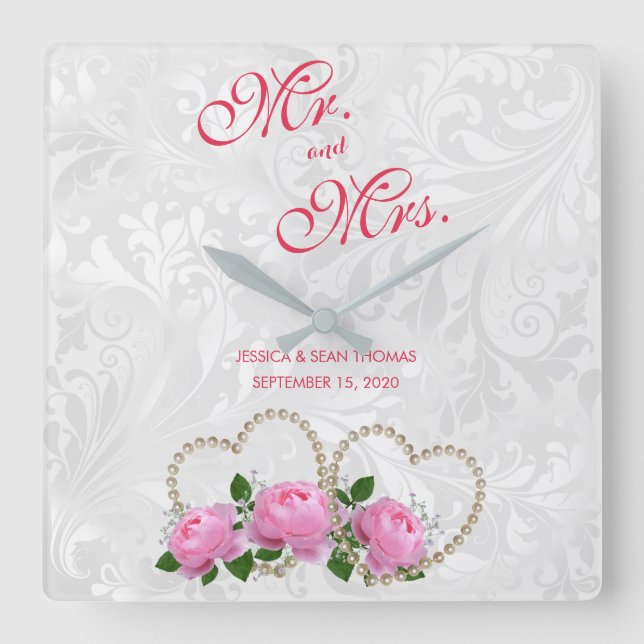 Pearl Hearts & Roses Damask Wedding Square Wall Clock (Front)