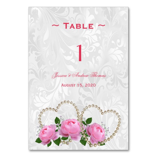 Pearl Hearts & Roses Damask Wedding Table Number (Front)