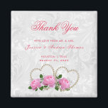 Pearl Hearts & Roses Damask Wedding Thank You Magnet<br><div class="desc">Elegant stylish pearls and flowers Wedding favour thank you magnets. All text, text colour, font and background colour is fully customisable to meet your requirements. If you need help to customise your product or would like matching products please contact me through my store and i will be very happy to...</div>