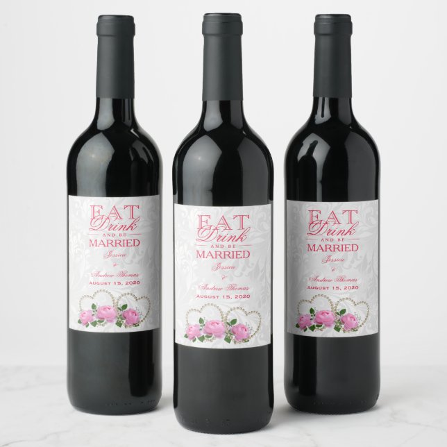 Pearl Hearts & Roses Damask Wedding Wine Label (Bottles)