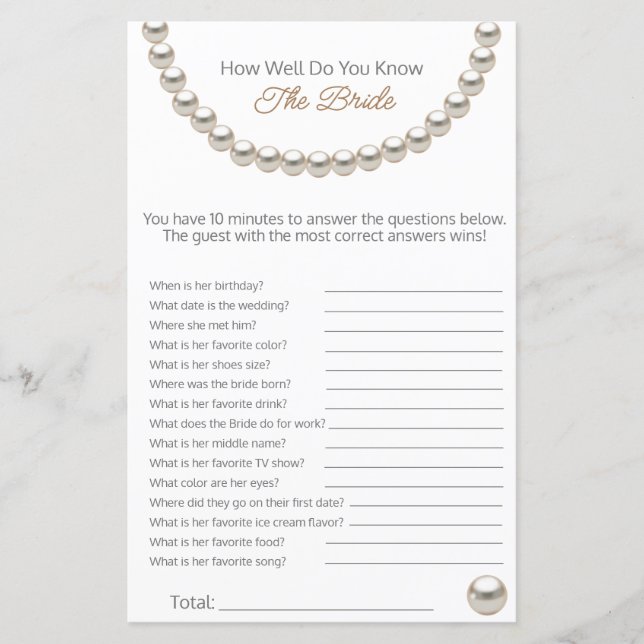 Pearl How Well Do You Know the Bride game (Front)