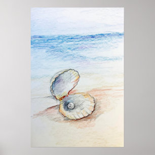 Pearl In Clam Shell Ocean Beach Waves  Poster