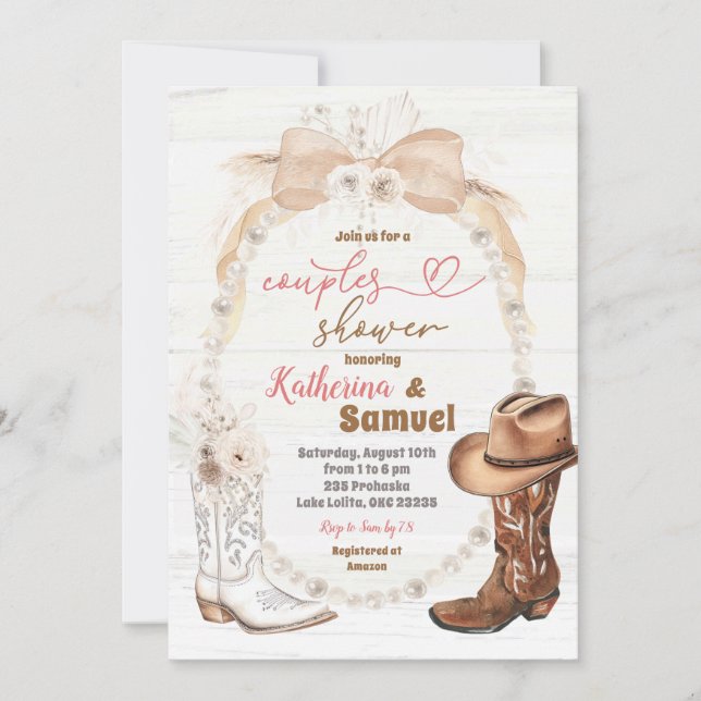 Pearl Ivory Beige Cowboy Boots Couples Shower  Invitation (Front)