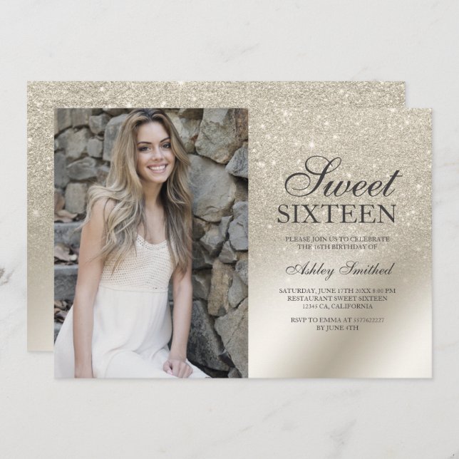 pearl ivory glitter ombre metallic photo Sweet 16 Invitation (Front/Back)