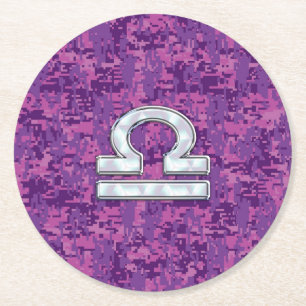 Pearl Libra Zodiac Sign on Fuchsia Digital Camo Round Paper Coaster