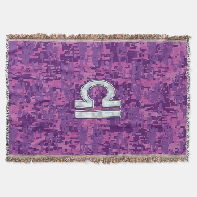 Pearl Libra Zodiac Sign on Fuchsia Digital Camo Throw Blanket (Front)
