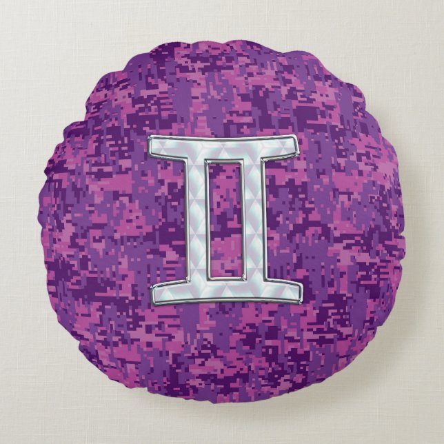 Pearl Like Gemini Zodiac Sign on Digital Camo Round Cushion (Front)