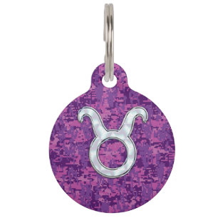 Pearl Like Taurus Zodiac Sign Fuchsia Digital Camo Pet Tag