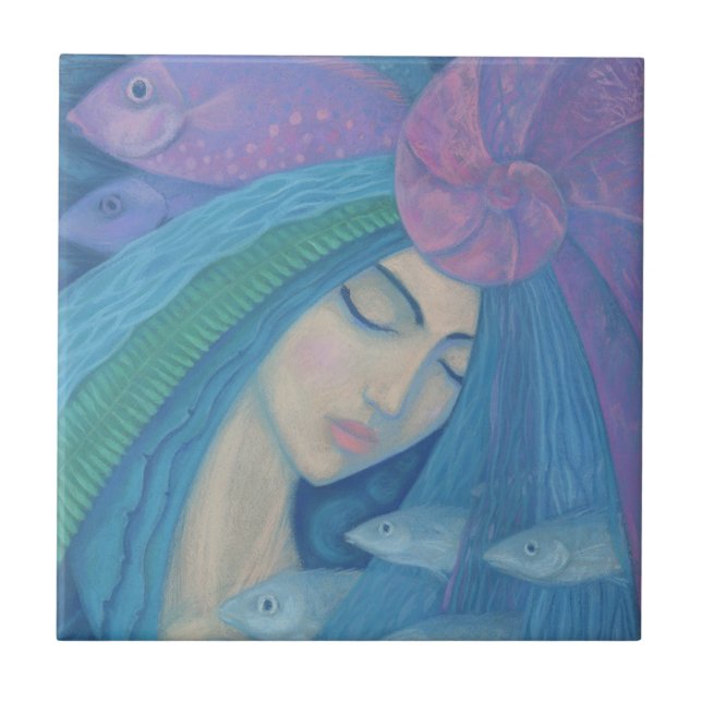 Pearl Mermaid Princess Fish Underwater Fantasy Art Tile (Front)