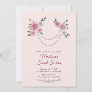Pearl Necklace and Pink Roses Sweet 16 Invitation