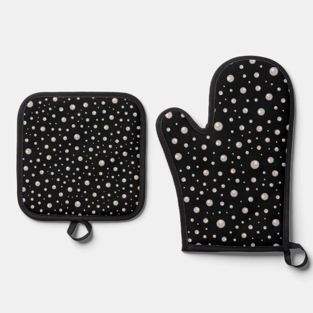 Pearl Pattern on Black Background Oven Mitt & Pot Holder Set (Front)