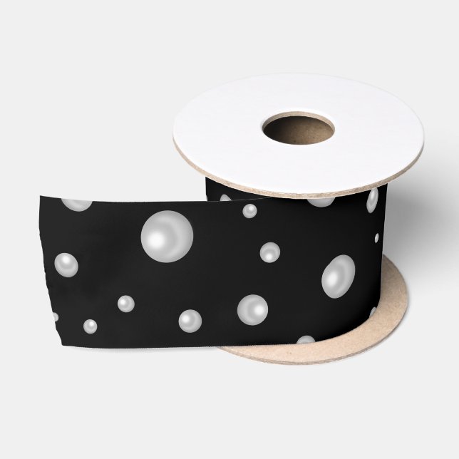 Pearl Pattern on Black Background Satin Ribbon (Spool)