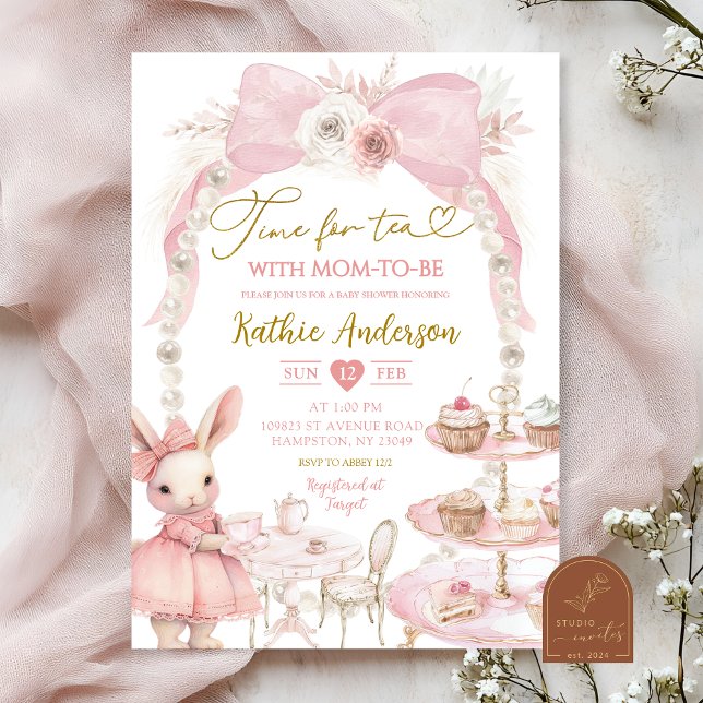 Pearl Pink Bow Coquette Bunny Baby Shower Invitation (Creator Uploaded)