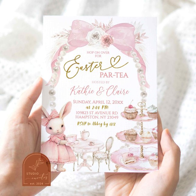 Pearl Pink Bow Coquette Easter Par Tea Invitation (Creator Uploaded)