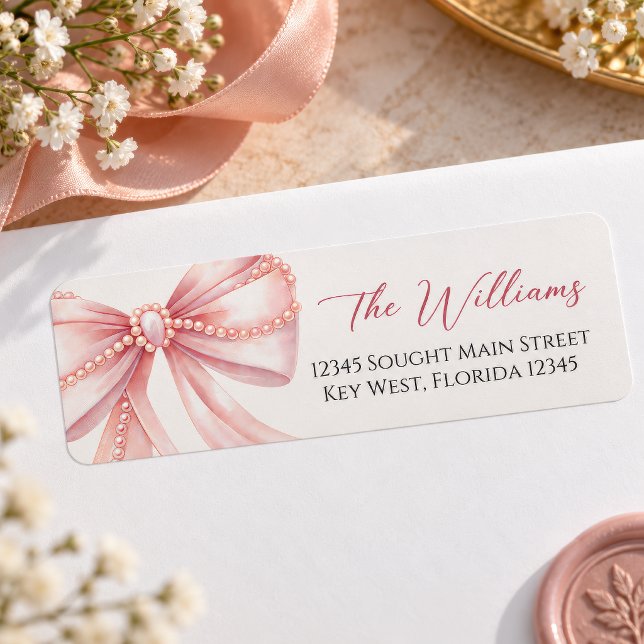 Pearl Pink Bow Return Address Labels (Pearl Pink Bow Return Address Label, watercolor bow with pearls, elegant script, personalized)