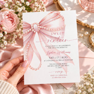 Pearl Pink Bow Sweet 16 Birthday Invitation