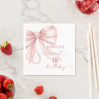 Pearl Pink Bow Sweet 16 Birthday Party Napkin