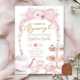 Pearl Pink Bow Tea Party Baby Shower Invitation
