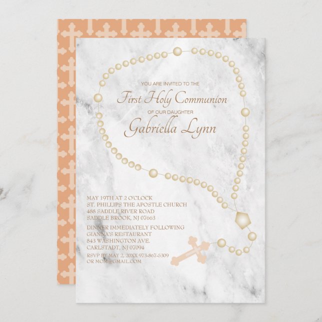 Pearl  Rosary Beads First Holy Communion Invitation (Front/Back)