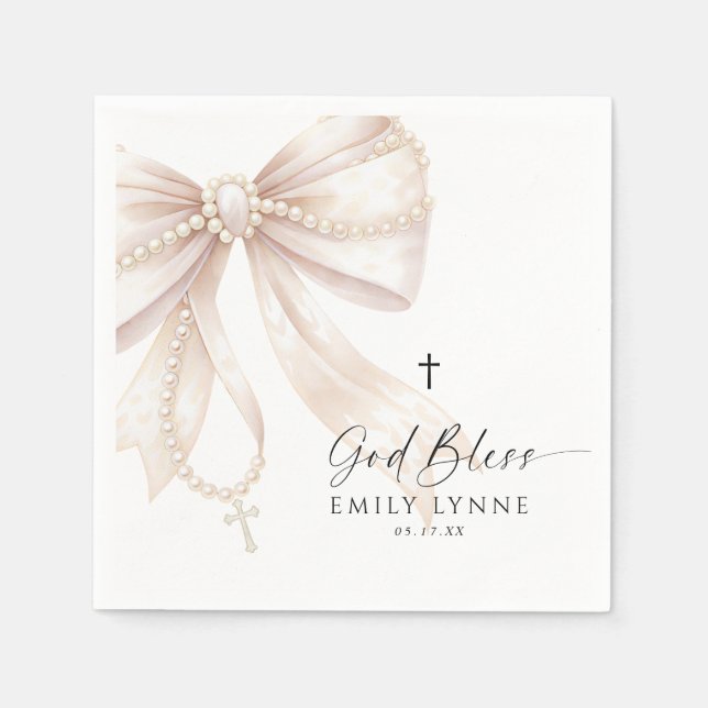 Pearl Rosary Bow Baptism Napkin (Front)