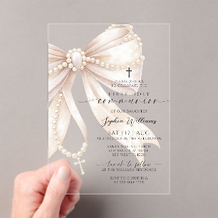 Pearl Rosary Bow First Holy Communion Acrylic Invitations