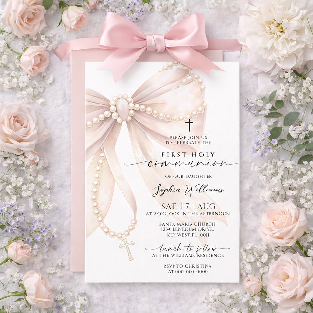 Pearl Rosary Bow First Holy Communion Invitation (Creator Uploaded)