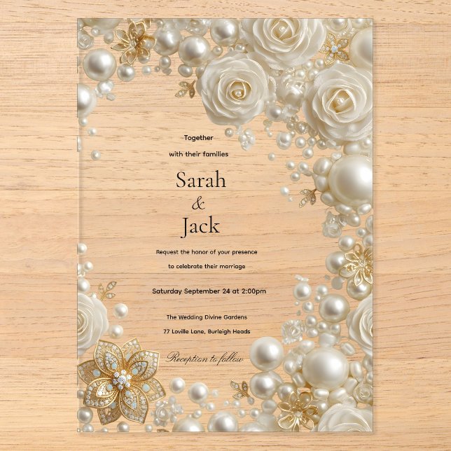 Pearl Rose and  Diamonds Wedding  Acrylic Invitations (Front)