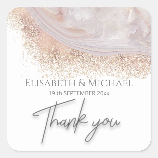 Pearl rose gold marble agate calligraphy thank you square sticker (Front)