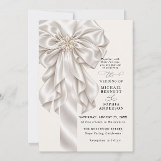 Pearl Satin Bow Elegant Wedding Invitation