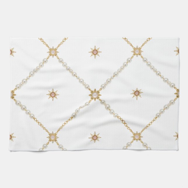 Pearl Sunburst Lattice Jewelry Pattern Tea Towel (Horizontal)