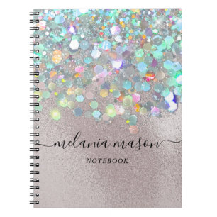 Pearl Texture Holographic Glitter Typography Name Notebook