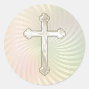 Pearl Twirl Silver Pearl Cross Classic Round Sticker