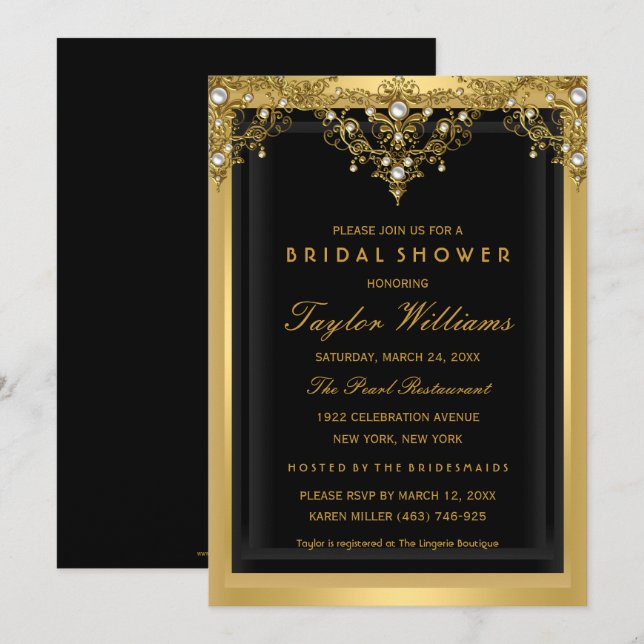 Pearl Vintage Glamour Gold Bridal Shower Invitation (Front/Back)