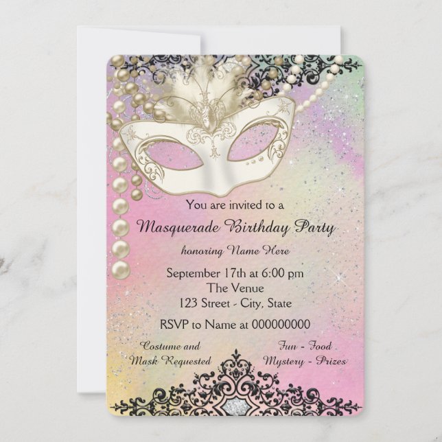 Pearl Watercolor Masquerade Party Invitation (Front)