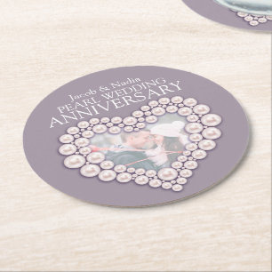 Pearl wedding anniversary heart photo coasters