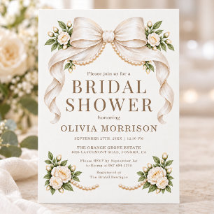 Pearl White Bow Floral Bridal Shower Invitation