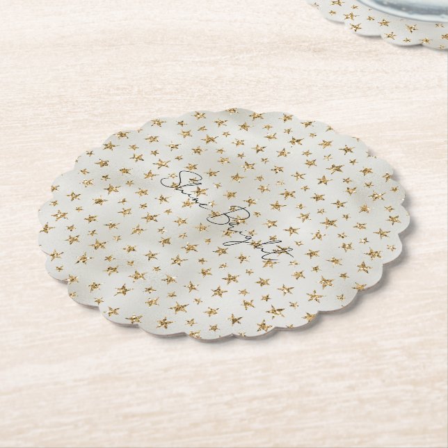 Pearl White Gold Glitter Sparkle Stars          Paper Coaster (Angled)