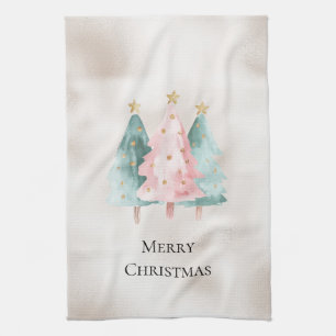 Pearl White Mint Pink Christmas Trees Tea Towel