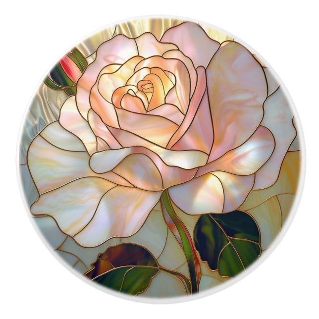 Pearl White Pink Gold Rose Stained Glass Aesthetic Ceramic Knob (Front)