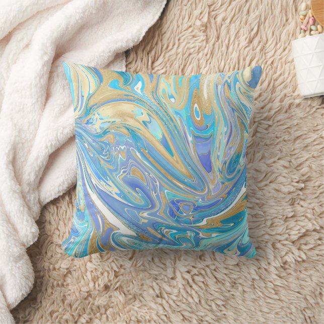 Pearlescent Aqua & Gold Liquid Marble Cushion (Blanket)