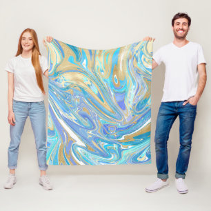 Pearlescent Aqua & Gold Liquid Marble Fleece Blanket