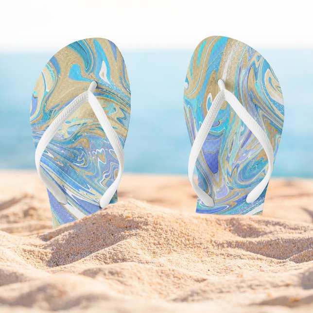 Pearlescent Aqua & Gold Liquid Marble Jandals (Blue Marble Paint Pour Flip-flops)