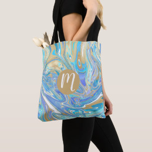 Pearlescent Aqua & Gold Liquid Marble Monogram Tote Bag