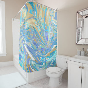 Pearlescent Aqua & Gold Liquid Marble Shower Curtain