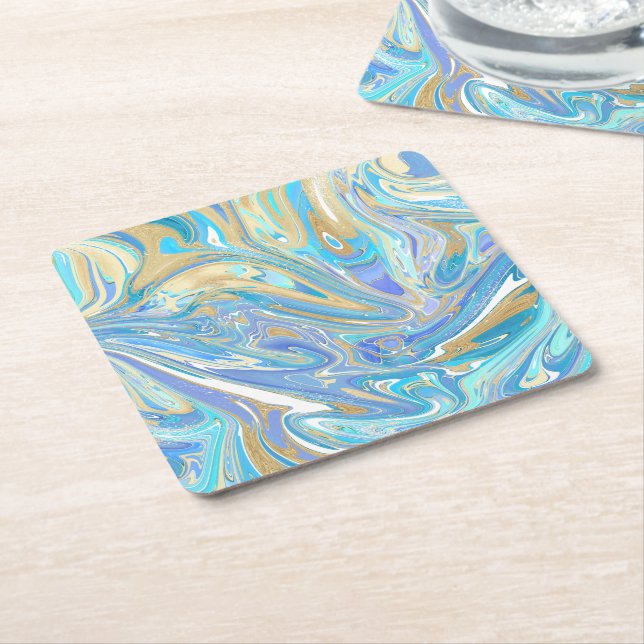 Pearlescent Aqua & Gold Liquid Marble Square Paper Coaster (Angled)