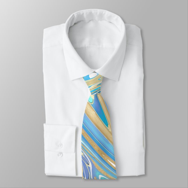 Pearlescent Aqua & Gold Liquid Marble Tie (Tied)