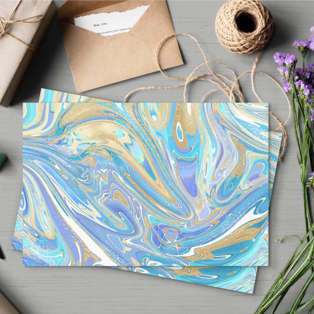 Pearlescent Aqua & Gold Liquid Marble Tissue Paper (Aqua & Gold Marble Paint Pour Design Tissue Paper)