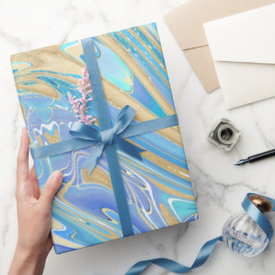 Pearlescent Aqua & Gold Liquid Marble Wrapping Paper